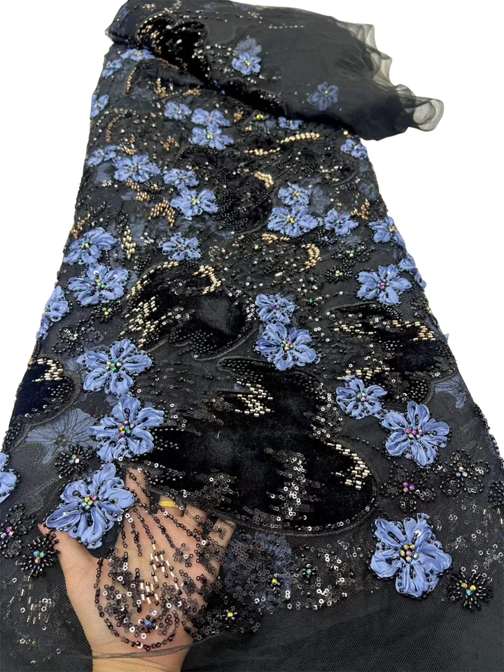 Original Handcut Flocking Velvet Bead Lace Guipure New Embroidered Base Fabric Excellent African French Tulle Lace For Aso Ebi