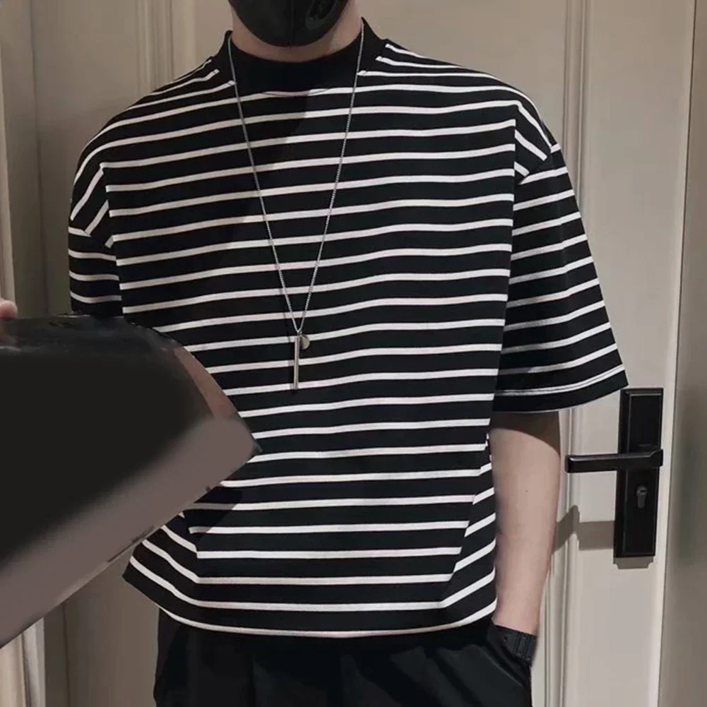 

All Match T Shirt For Men Trendy Short Sleeve Loose Stripes Tee Commuting Wear Male Gender Size Reference Provided
