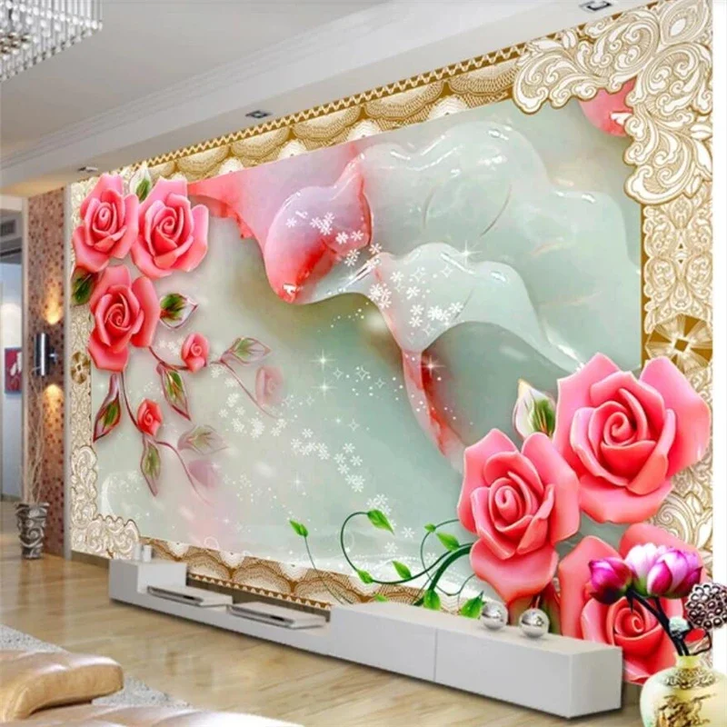 Custom wallpaper fashion 3d photo mural luxury golden white flowers soft pack ball jewelry wall paper square jade carving rose