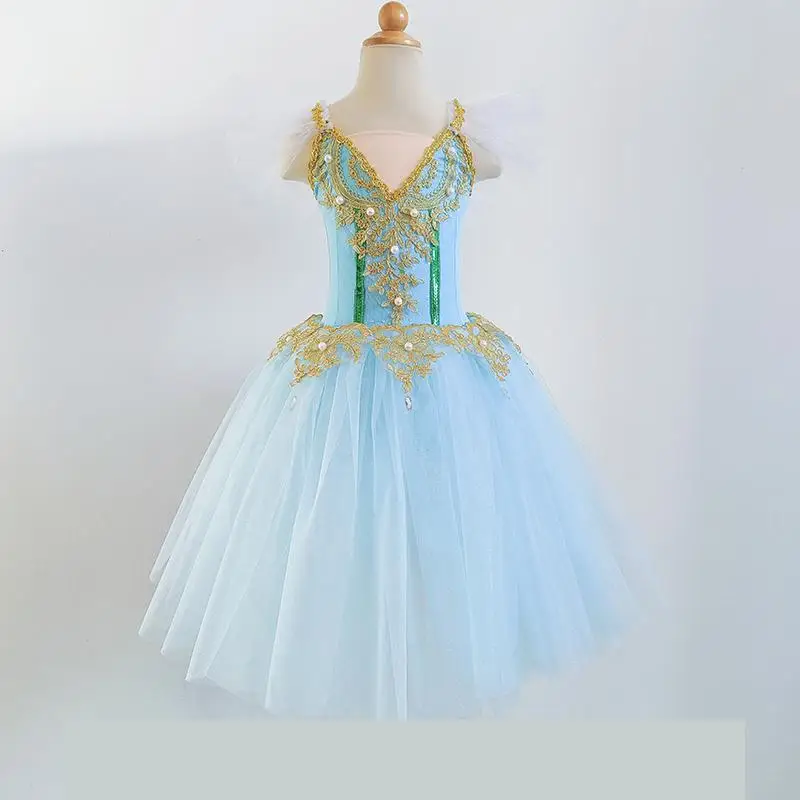 Vestito da Ballerina per bambina per bambini concorso di balletto costumi di danza classica in stile romantico abito lungo in Tutu a rete con manica a sbuffo arricciata