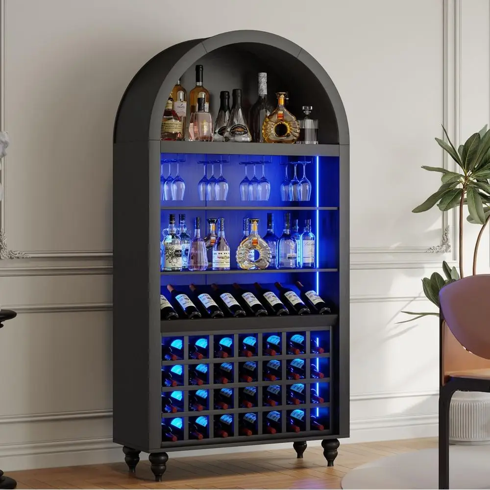 

Высокий винный шкаф-бар 71 дюйм с 28 полками, держателями для бутылок, открытыми полками для хранения с LED-подсветкой для кухни, столовой, гостиной