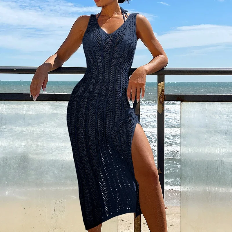 BluWin Summer Ladies Vacation Hollow Out Robe Women Chic Solid Knitted Maxi Dress Fashion Sleeveless Sexy Beach Cover Up Dresses