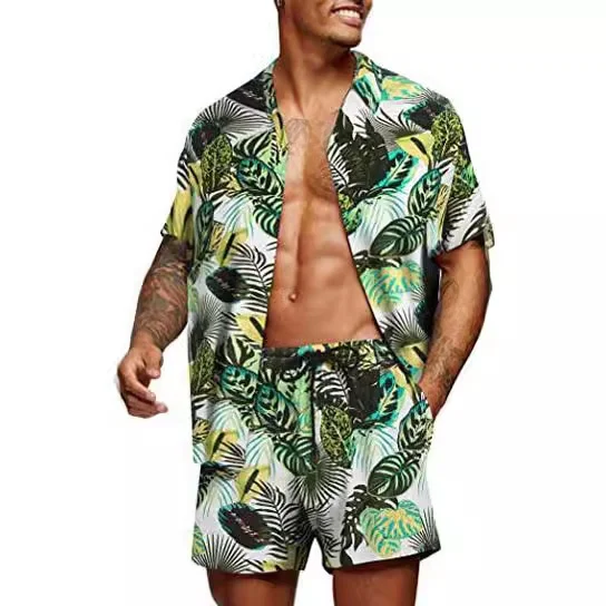 

Hawaiian Style Casual Shirt And Shorts Set for Men Loose Fit Floral Print Youth Autumn Cotton Short Sleeve Clothing Set