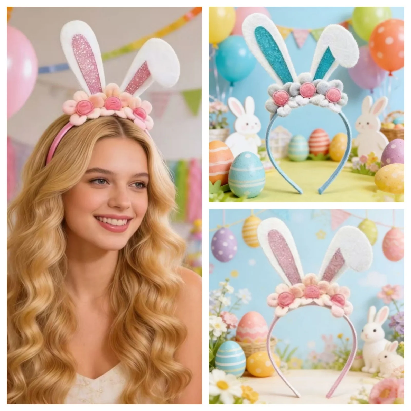 

1 шт. Пасхальная повязка на голову с ушками кролика для женщин, блестящий ободок с ушками кролика и цветочным декором, милый пасхальный аксессуар для волос