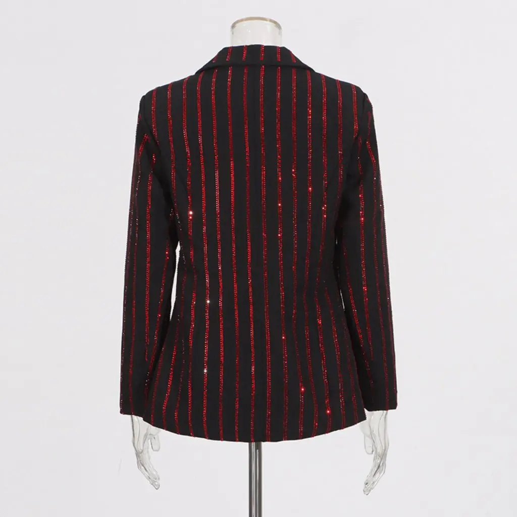 

Women's V-Neck Long Sleeve Suit Coat Striped Design European American Style Fashion Small Silhouette Hot Drill New
