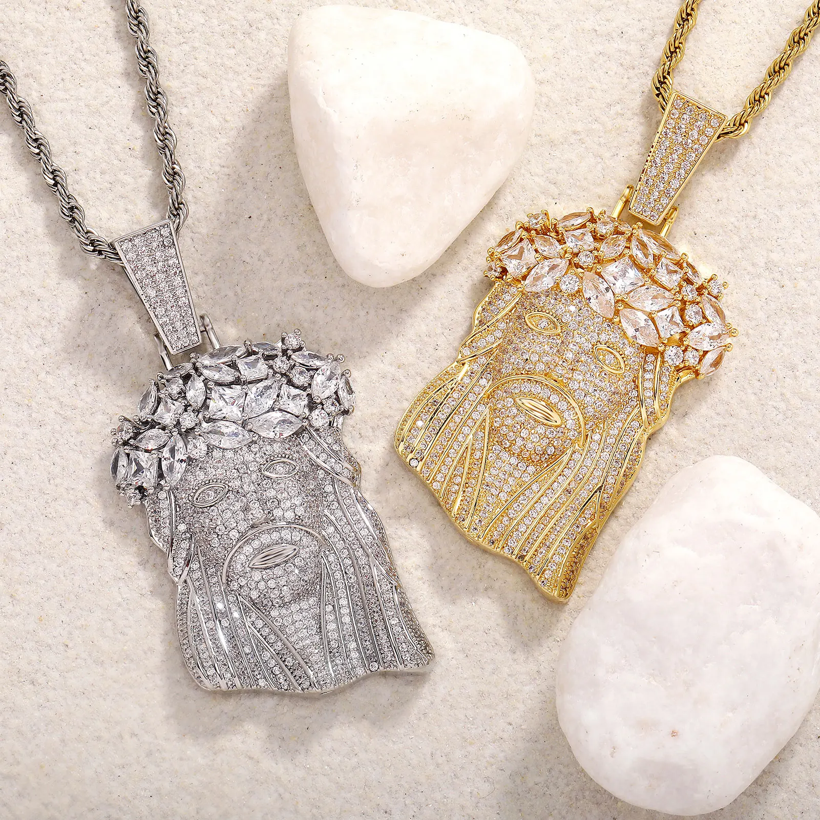 New Big Size Jesus Pendant Necklace With Tennis Chain Mens Iced Out Charm Jewelry Gold Silver Color Chain Hip Hop Jewelry