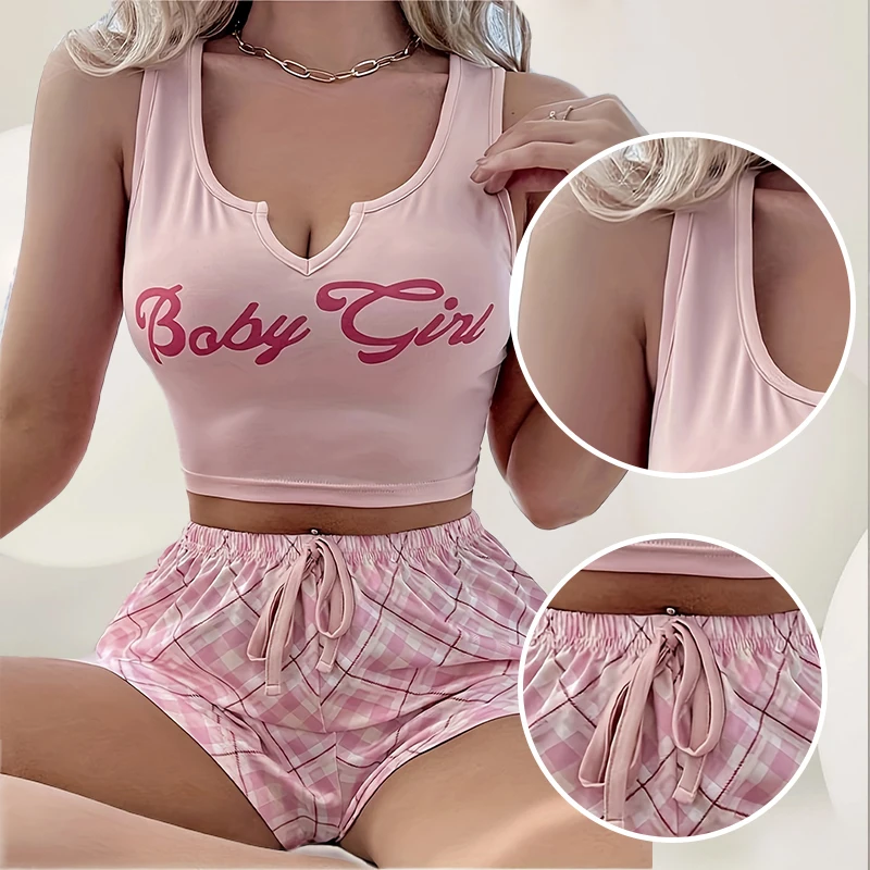 Women Fashion Plaid Prints Pajama Sets 2 Piece Sleepwear Sleeveless Vest Shorts Sexy Loungewear Set Sexy Sleep Shorts