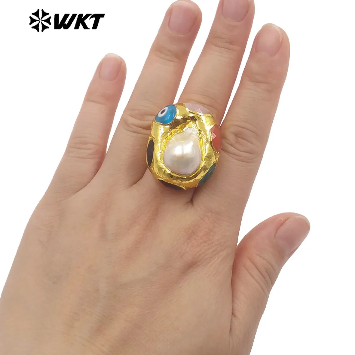 WT-MPR143 Unique Minority Natural Stone Pearl US7 With Real Gold Plated Ring For Women Daily Dressing