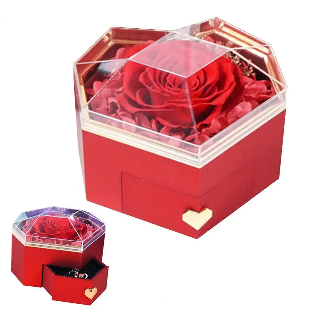 Heart-shaped Ring Box Eternal Love Preserved Rose Jewelry Box Set for Her Heart Shape Necklace Ring Holder with Hidden Drawer