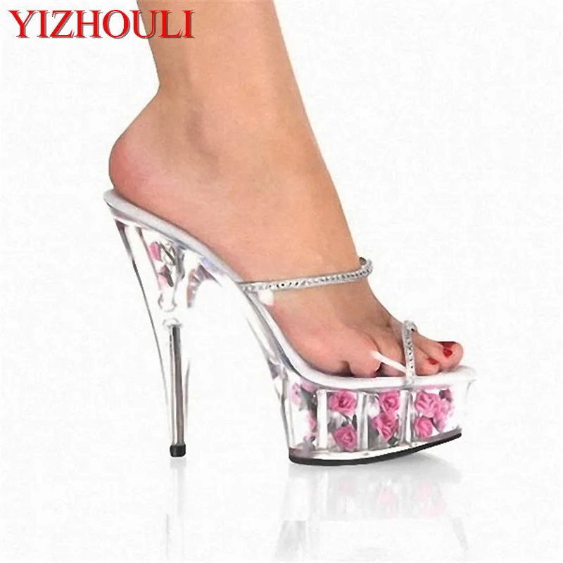 6 Inch Flower Crystal Shoes Romantic Rose Bride Wedding 15cm Ultra High Heels Platform Full Transparent Crystaldance shoes