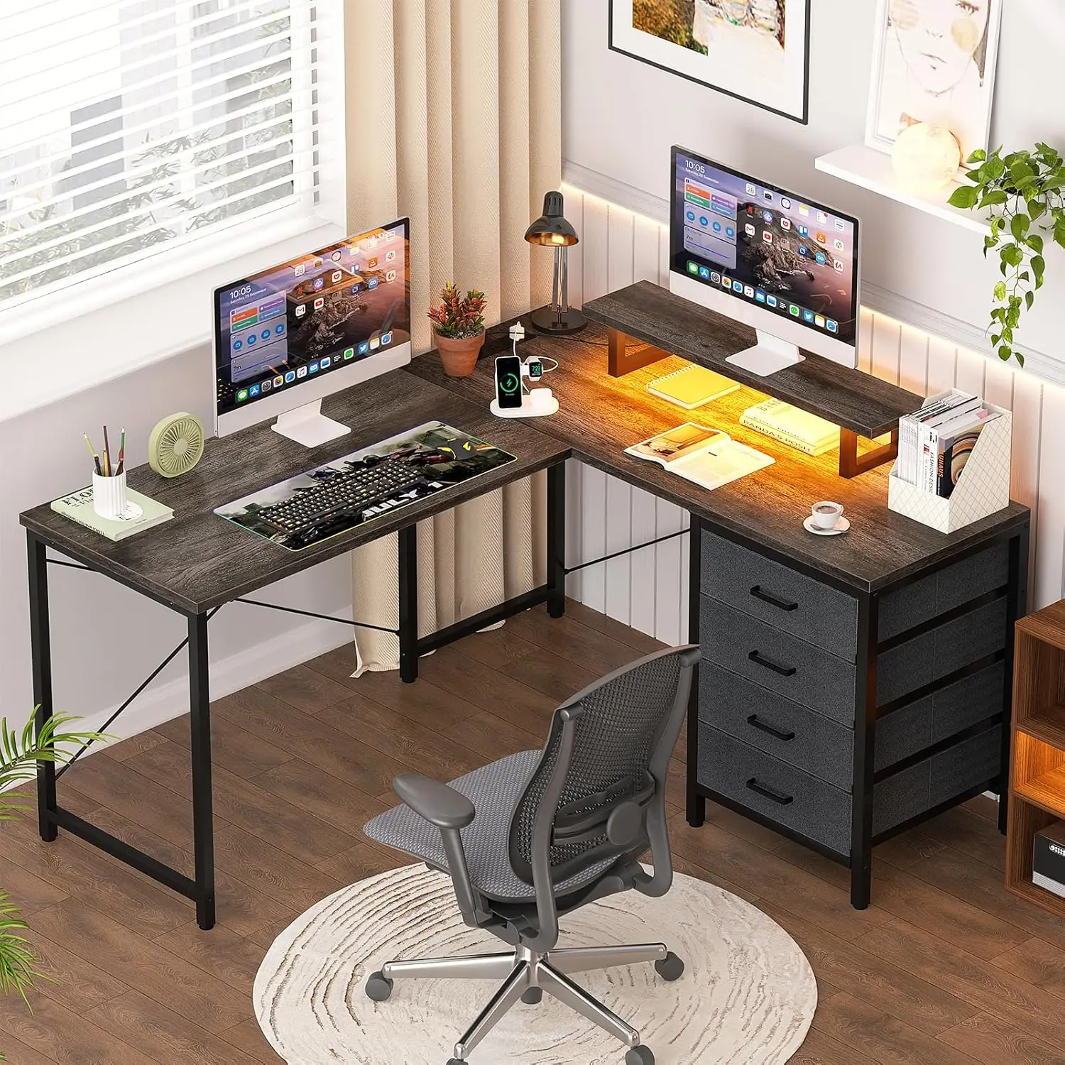 L Shaped Desk with Drawers & Power Outlets, Reversible Computer Desk with LED Light and Monitor Stand, Black Oak