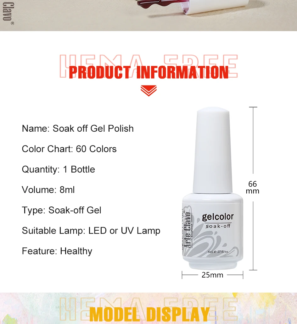 Arte Clavo 8ml HEMA TPO-freier Gel-Nagellack Volle Deckkraft Semi-Permanent Abziehbarer UV-LED-Farbgel-Lack Großhandel für Salons – Detail 3