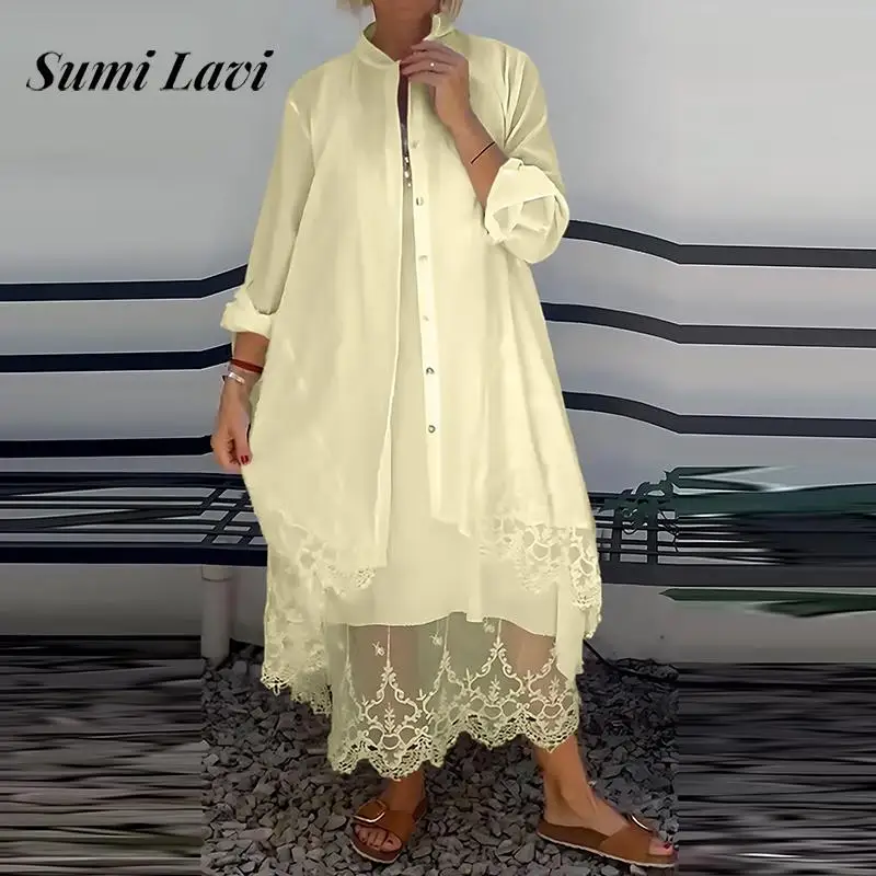 

Sexy O-neck Sleeveless Long Skirt & Long Cardigan Suits Fashion Button Solid Loose 2Pc Outfits Women Elegant Lace Patchwork Set