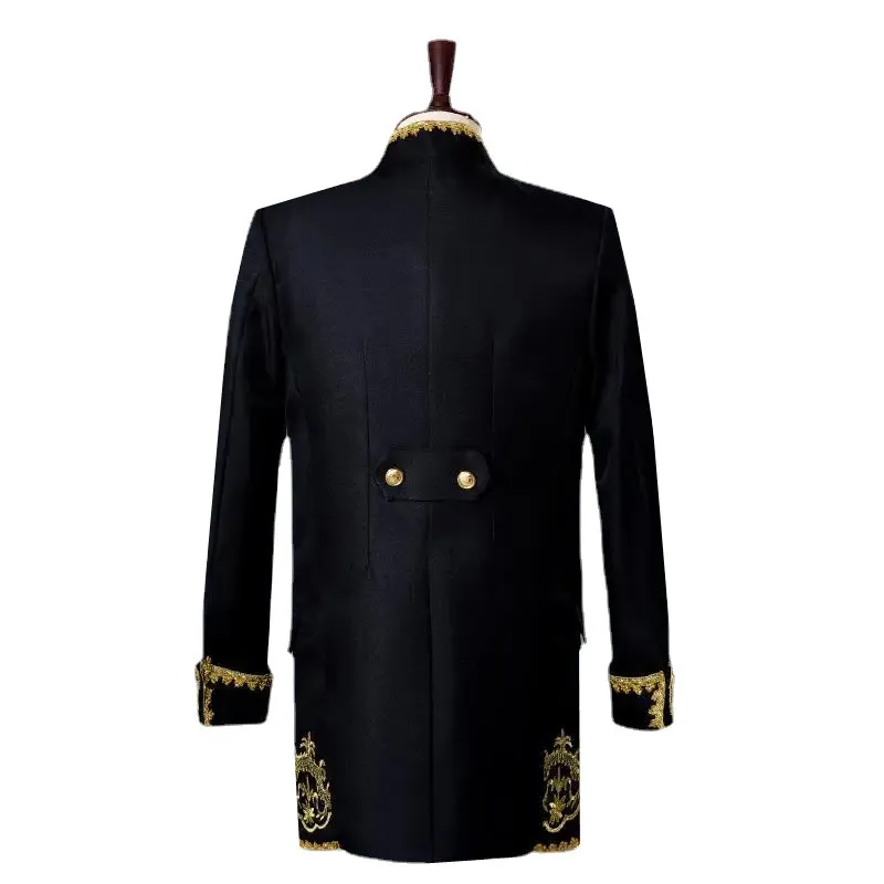 New Men Court Banquet Suit 3 Piece Black / White Fashion Men's Luxurious Gold Lace Embroidery Blazer and Pant with Vest