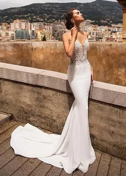 Robe de mariée sirène sexy à dos ouvert pour femmes, col en V, dentelle appliquée, dos nu, patients de plage, quel que soit le modèle