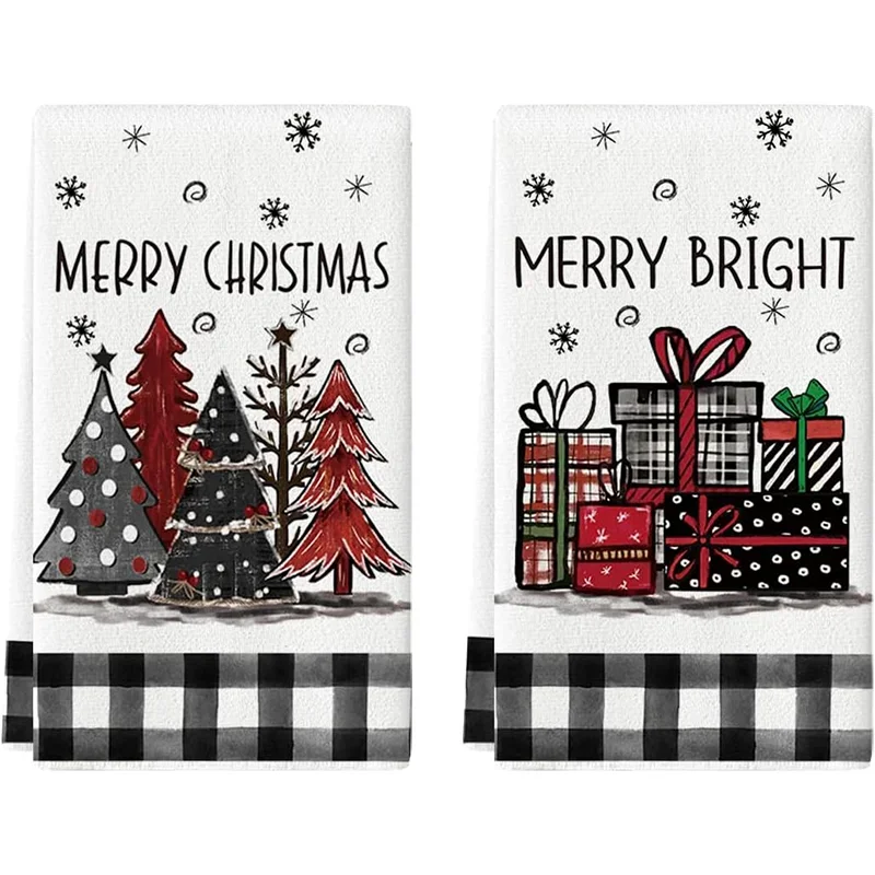 2Pcs Christmas Tree Gift Design Kitchen Towels Set 40cm*60cm Super Absorbent Soft Cleaning Cloth for Cooking Baking And Tea Time