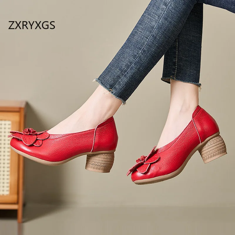 ZXRYXGS 2025 New Premium Genuine Leather Classic Flower Shoes Woman Fashionable Shoes Banquet Wedding Shoes High Heels Black Red