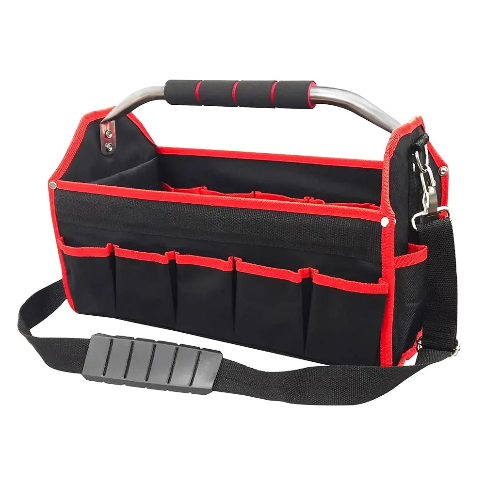 

16 H Tool Bag, Foldable Tool Tote, Portable Open Top Tool Bag, Pro Electrician Tool Bag With Adjustable Shoulder Strap And