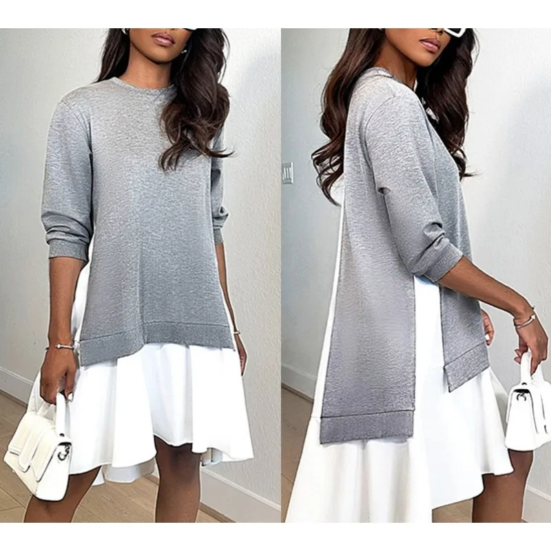 

Female Fashion Asymmetric Spliced Design Autumn Sweater Dress New Women Casual Long Sleeved Loose Sweet Dresses