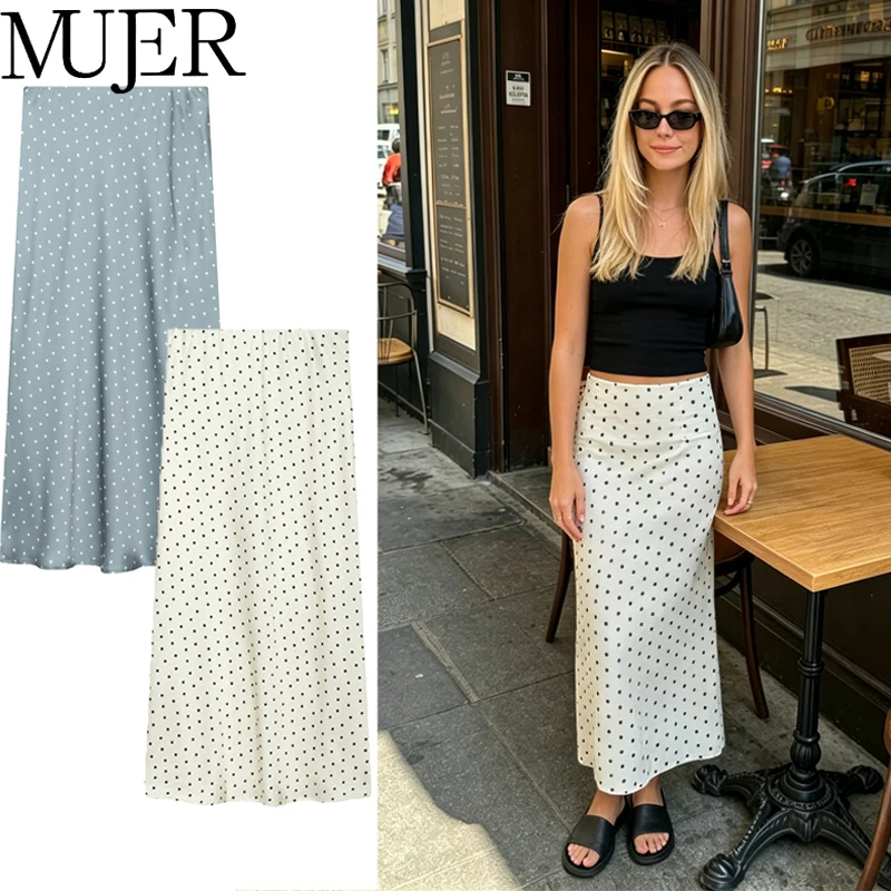 

MUJER Polka Dot Skirts For Women White High Waist Long Skirt Women Elegant Satin Women's Skirts Summer 2026 Blue Beach Skirt