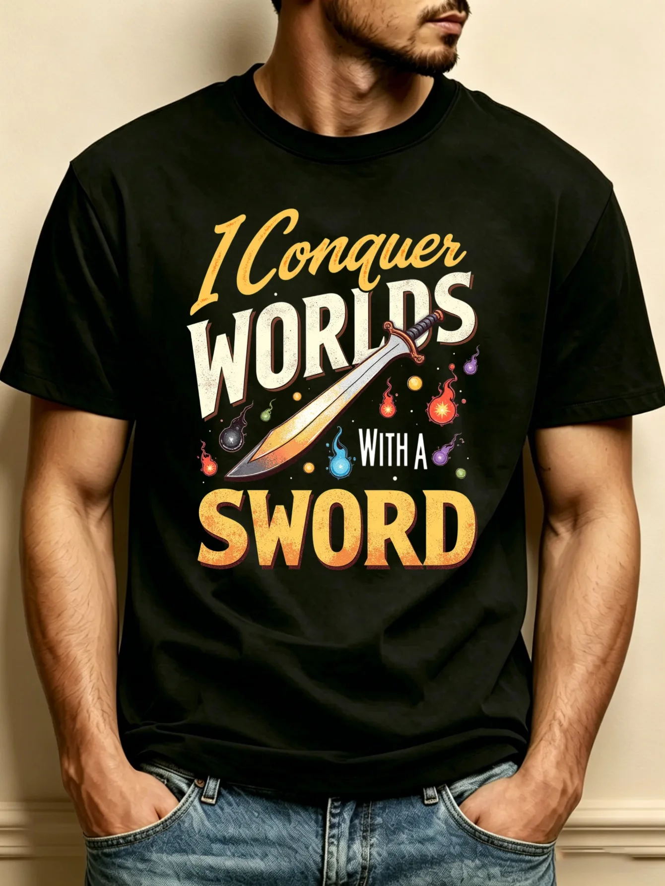 Dreamy Adventure Style Men's Crew Neck T-Shirt, Loose Fit, Fashionable and Versatile, Soft and Comfortable Fabric, Suitable for Daily Wear and Holiday Gifts. The Design Features Swords and Magical Elements, Perfectly Capturing the Theme of 