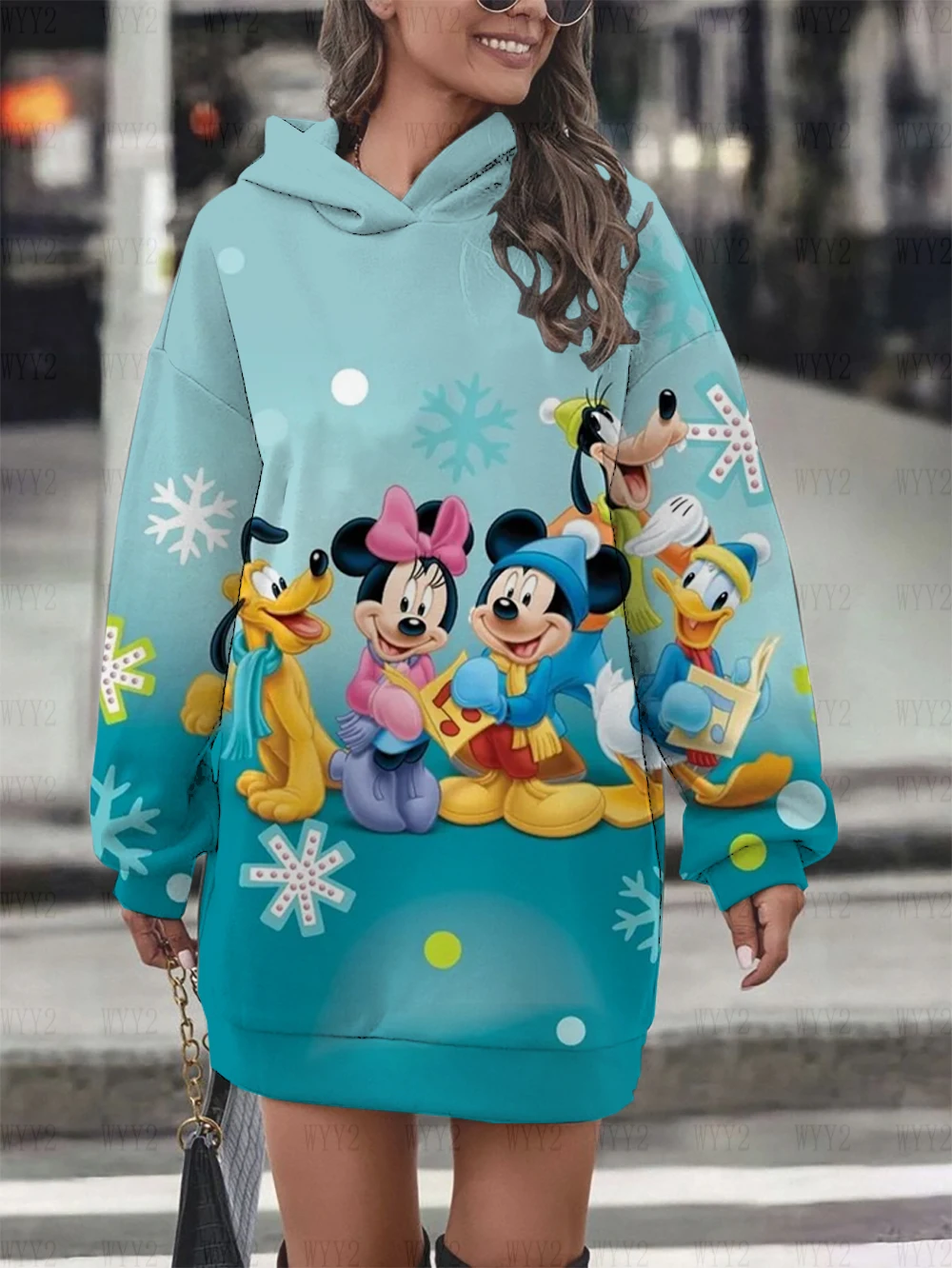 

Elegant women's 2024 new autumn and winter Christmas series hooded skirt dress Disney Mickey Minnie print long sleeve pullover