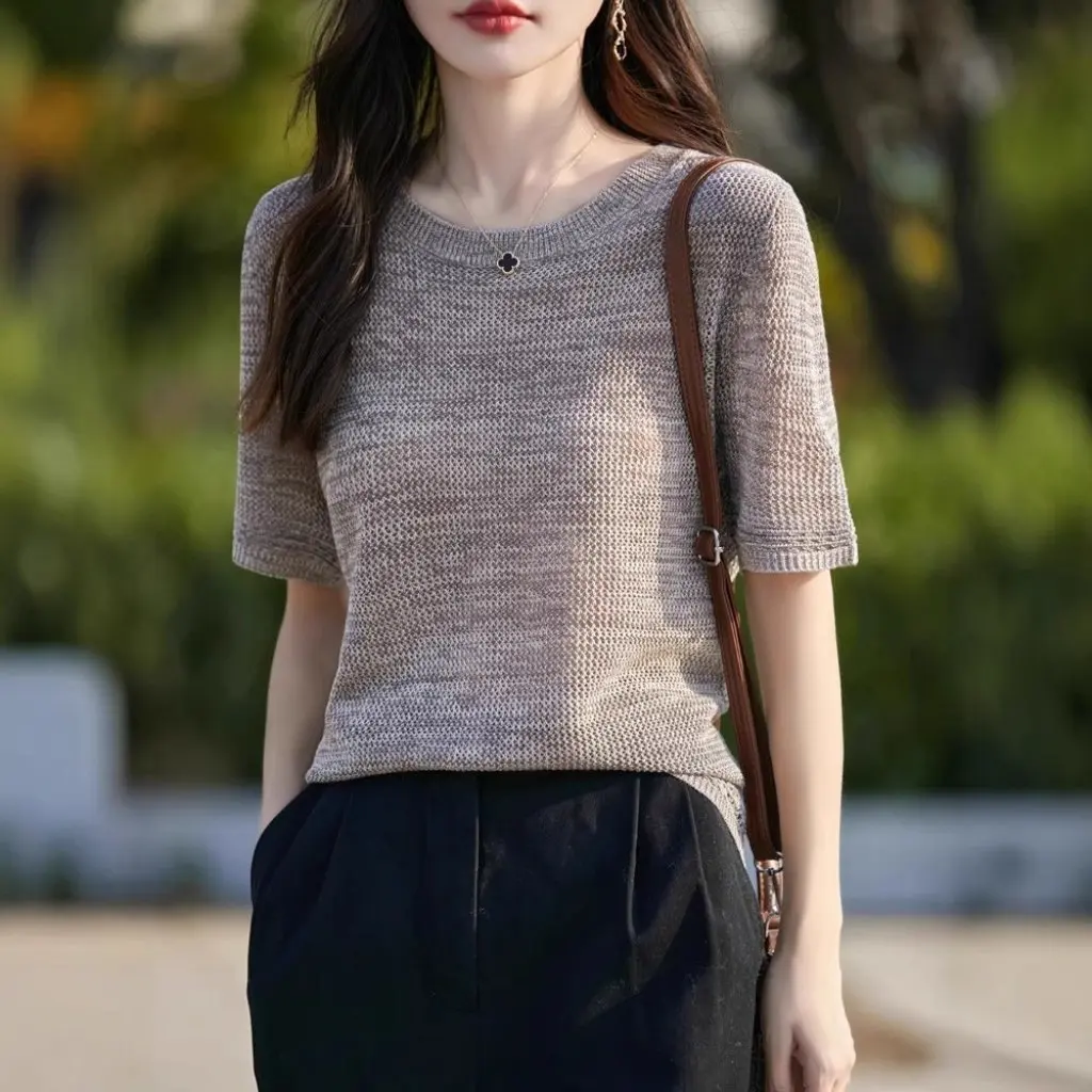 

Новая летняя женская трикотажная футболка с короткими рукавами и круглым вырезом, свободный тонкий свитер с ленивым верхом