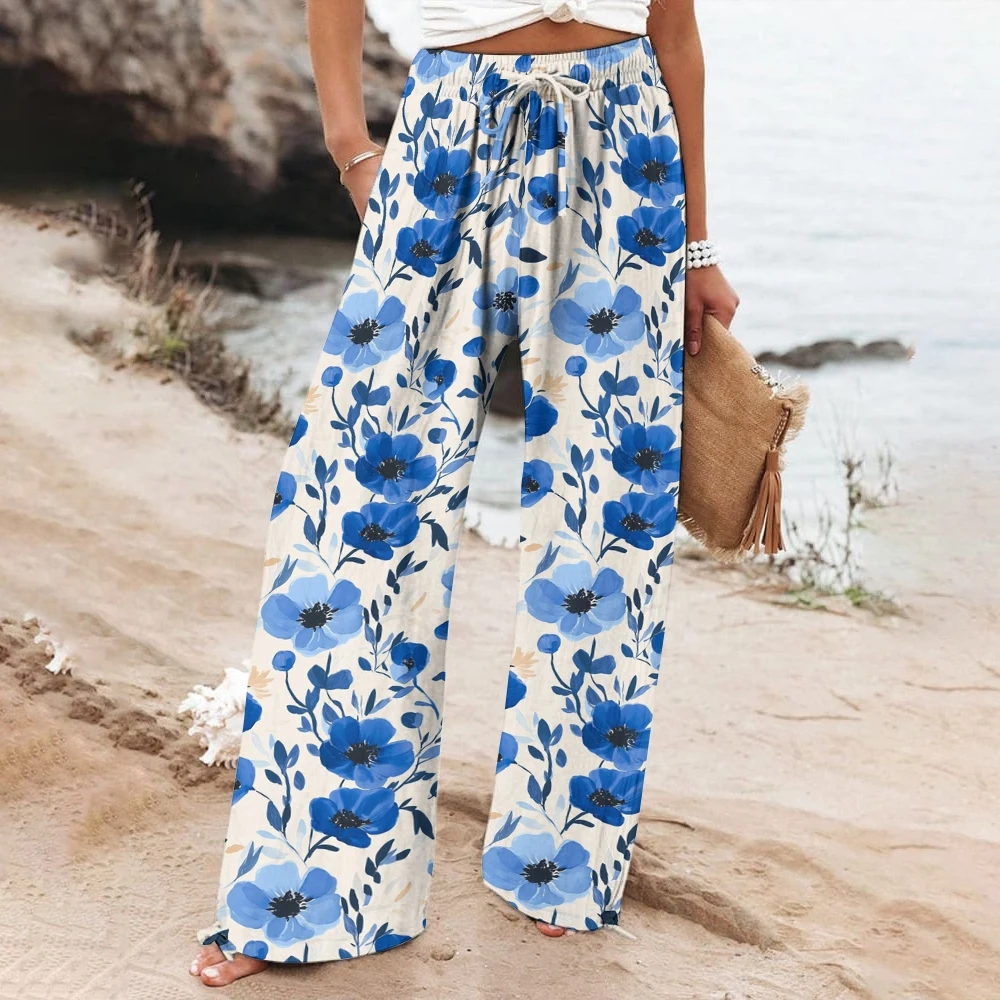 Blue & White Blooms Drawstring Pants Seaside Breezy Look Outfit Coastal Chic Floral Pants Relaxed Fit Straight Leg Pants