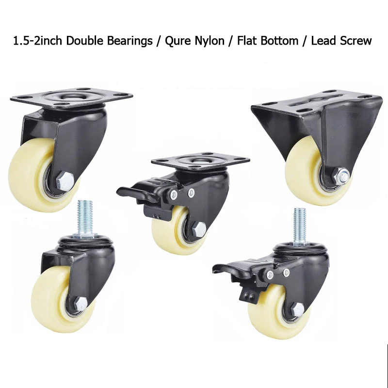 1PCS  1.5/2-inch Nylon Swivel Casters with Brake, Double Bearing Wheels, M8/M10/M12 Threaded Swivel Casters