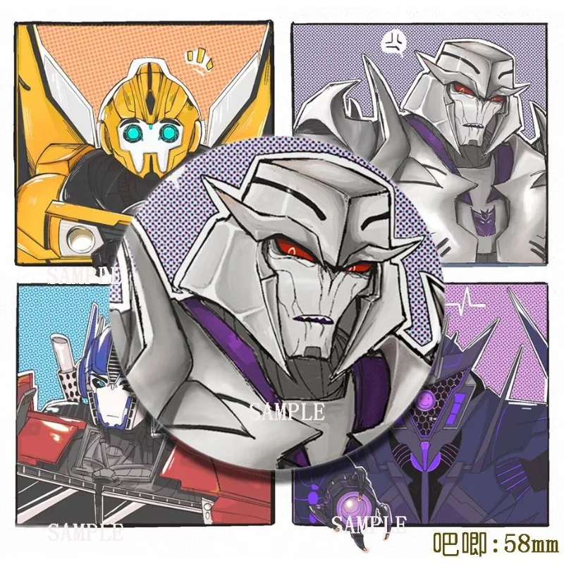 変身周辺バッジ 4 個: オプティマスプライム バンブルビー、メガトロン ロボット 学生ギフト スクールバッグペンダント 58mm