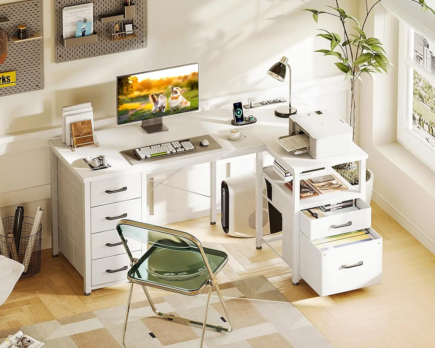 55 Inch L Shaped Office Desk with 6 Drawers, Power Outlet, White | 5 Fabric Drawers, File Drawer, USB and Type-C Ports, Open Sto