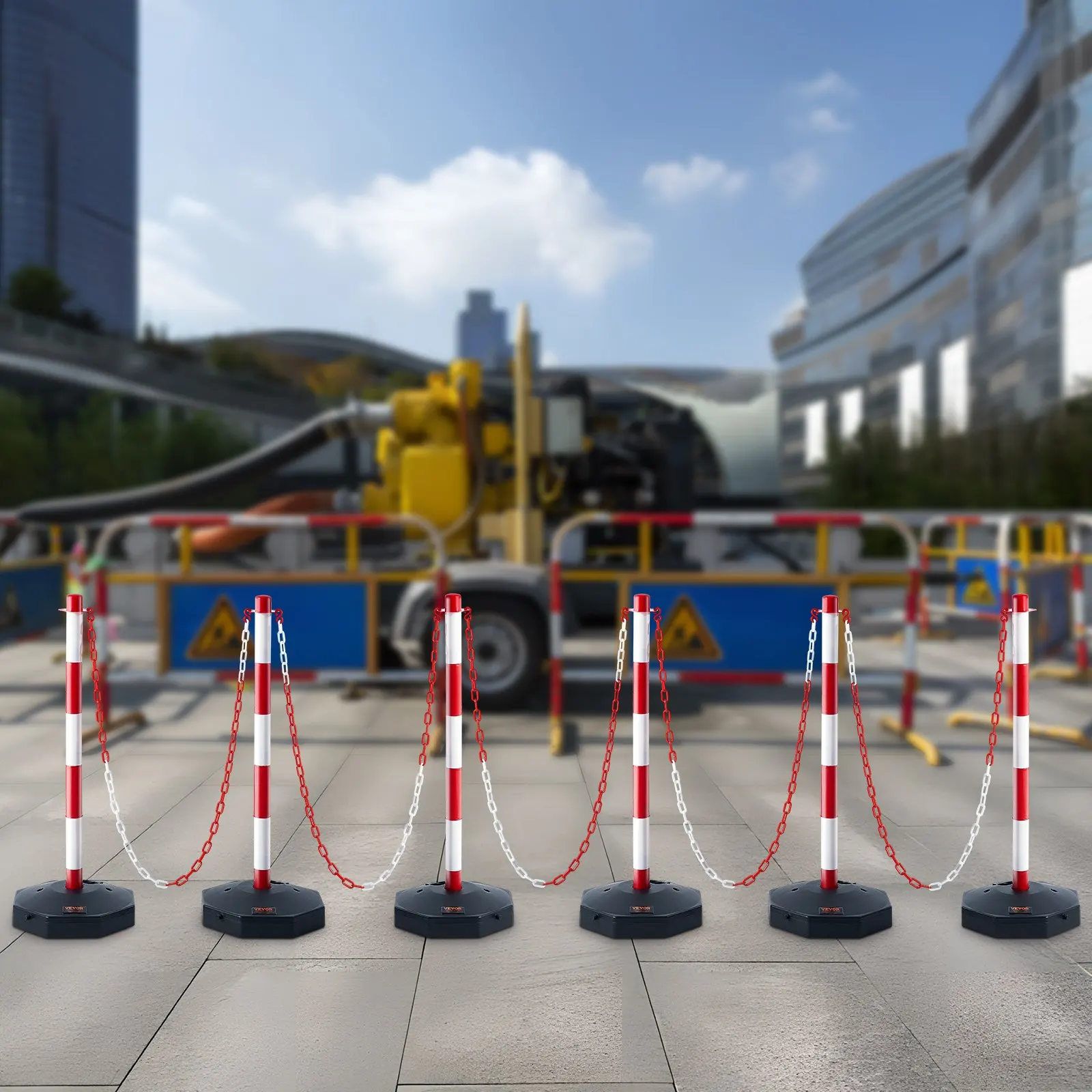 

Adjustable Safety Warning Bollards 6 Pack For Parking Lots Construction Sites Roads, Fillable Base 6.6FT Chain Red White 35 I