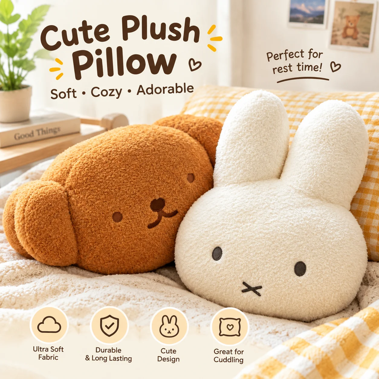 Miffy Rabbit Plush Doll Bunny Head Pillow Bear Head Cushion Dorm Bedside Backrest Office Chair Seat Pad Nap Pillow Wholesale
