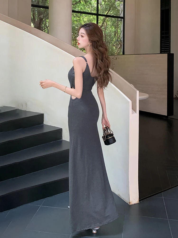 Open waist cut-out slip dress summer feminine sexy nightclub ball knitted long dress luxury elegant seaside holiday vest dress