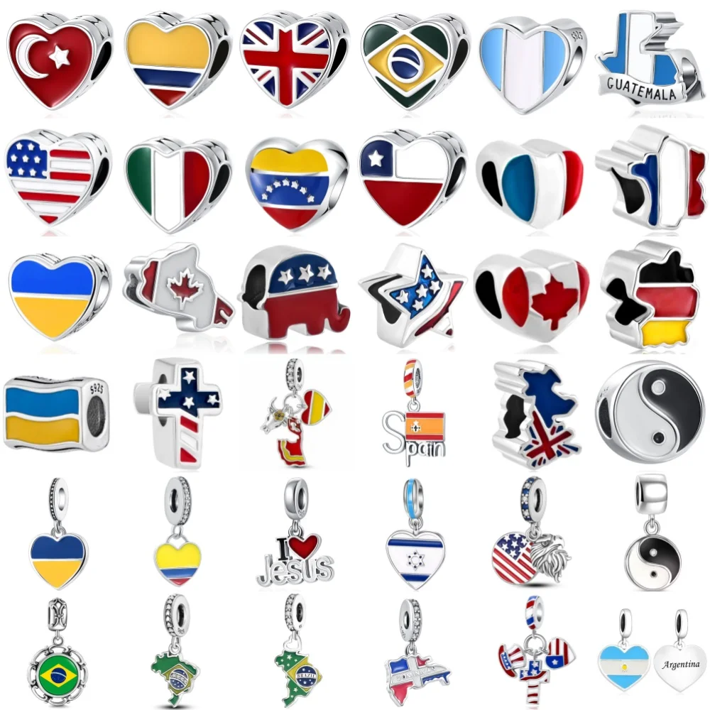 New 925 Silver,American,British,Türkiye, Ltalian,Colombian Flag Beads Pendant European Original Bracelet DIY Exquisite Jewelry