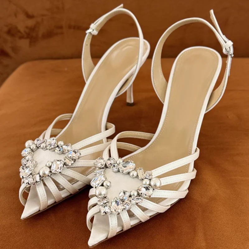 

2025 New Fashion Crystal Heart Buckled Caged Leather Sandals Denim Pointed Toe High Heels Slingback Luxury Designer Women Shoes