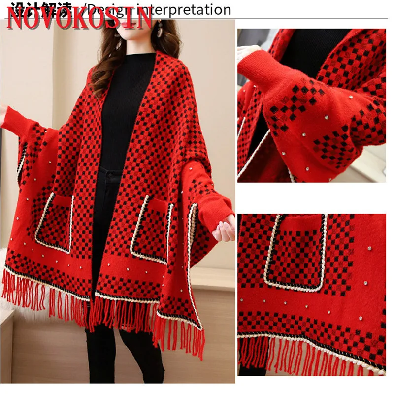 

4 Colors Women Faux Mink Velvet Plaid Pashmina Capes Korean Mother Version Cardigan Tassel Shawl Coat Knitted Poncho With Pocket