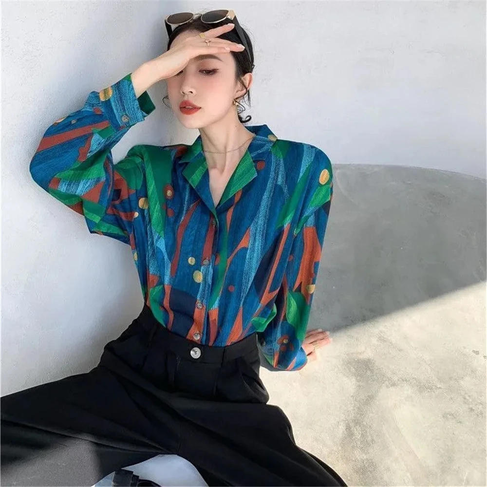 Formal DressestrendFrench Long Sleeve Flower Shirt For Women, Retro Colorful Oil Painting Top, Unique Antique French Style, Spri