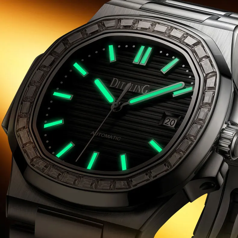 DITALING Men Automatic Watch 42.5mm Square Mechanical Wristwatch Waterproof Sapphire Mirror Butterfly Clasp Luminous
