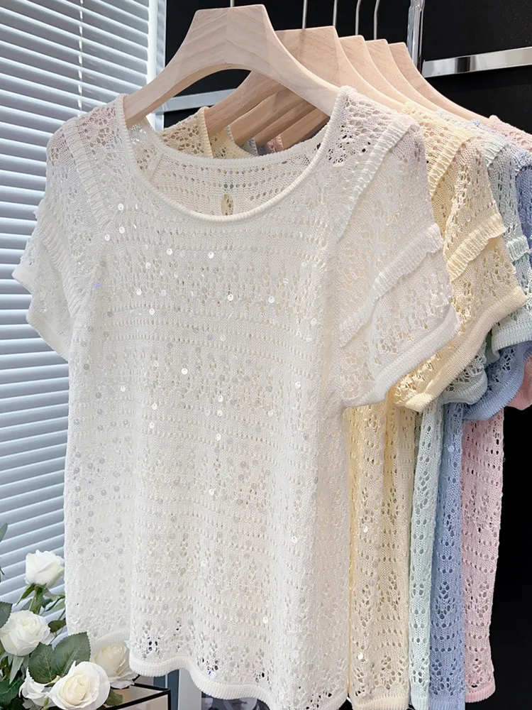 

Round Necked Short Sleeved Top Sequin Flower Bud Sleeve Swee Knitted T-shirts Pullover Ropa De Mujer Pink Hollow Tee Shirts