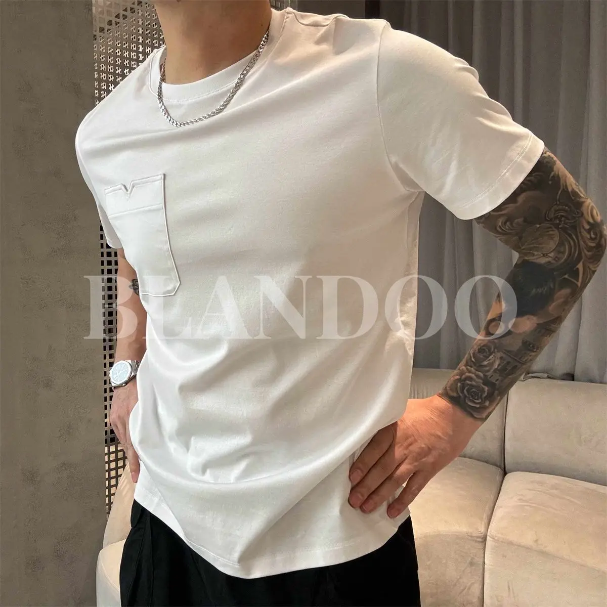 الرجال الصيف بسيط بلون تنوعا جيب تصميم الجولة الرقبة تي شيرتات قصيرة الاكمام قمة الموضة وسيم تي شيرت رجالي رجل #5