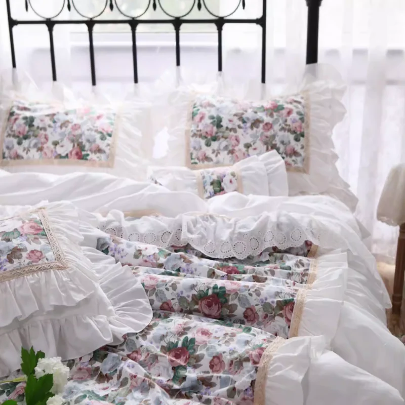 American Style Pastoral Bedding Set Luxury Egyptian Cotton Bed Set Flowers Print Princess Lace Duvet Cover Bed Skirt Pillowcases