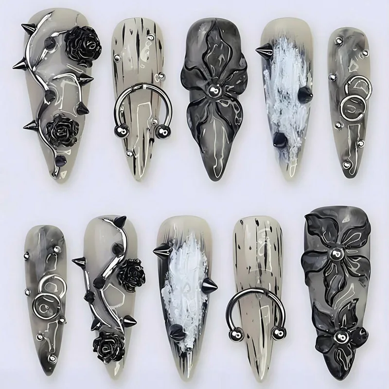 

24Pcs long pointed goth style wearing nail piece cool dark rose steel ball nail piece patch wearing nail art