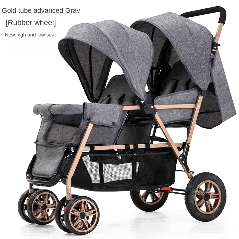 Nieuwe Twins kinderwagen voor- en achterbank, twee personen kunnen zitten en liggen, lichtgewicht opvouwbare kinderhandkar kinderwagen