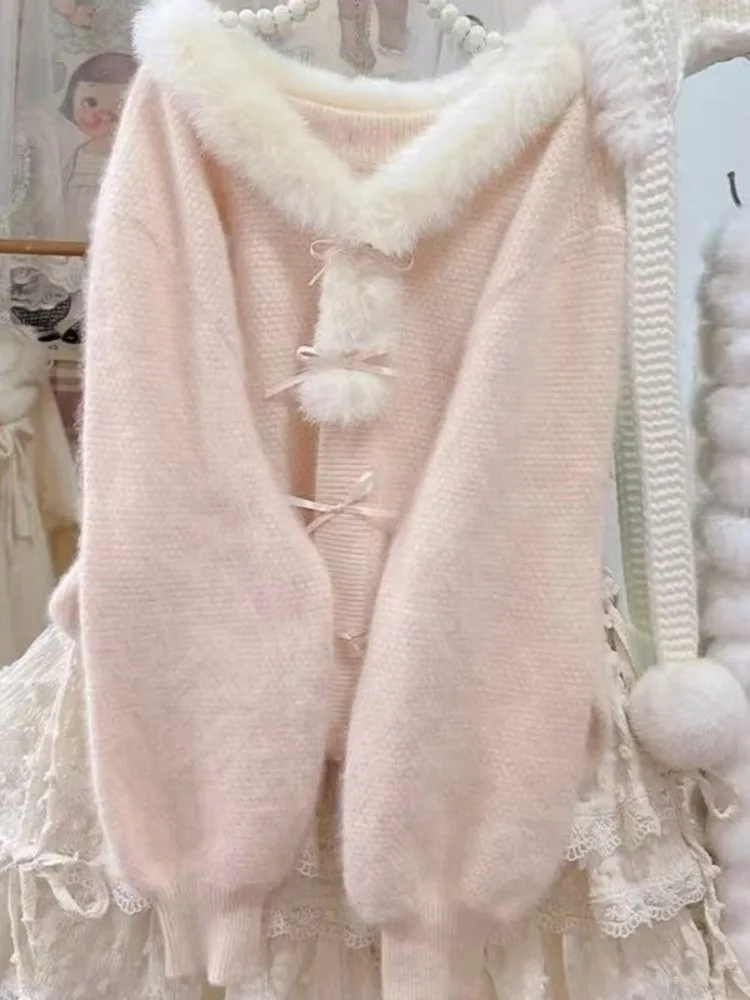 Japanse Zoete Sfeer Jas Vrouwen Zachte Zachte Esthetische Teddy Kraag Gebreid Nep Vest Chic Casual Bovenkleding Herfst 2025 Nieuwe