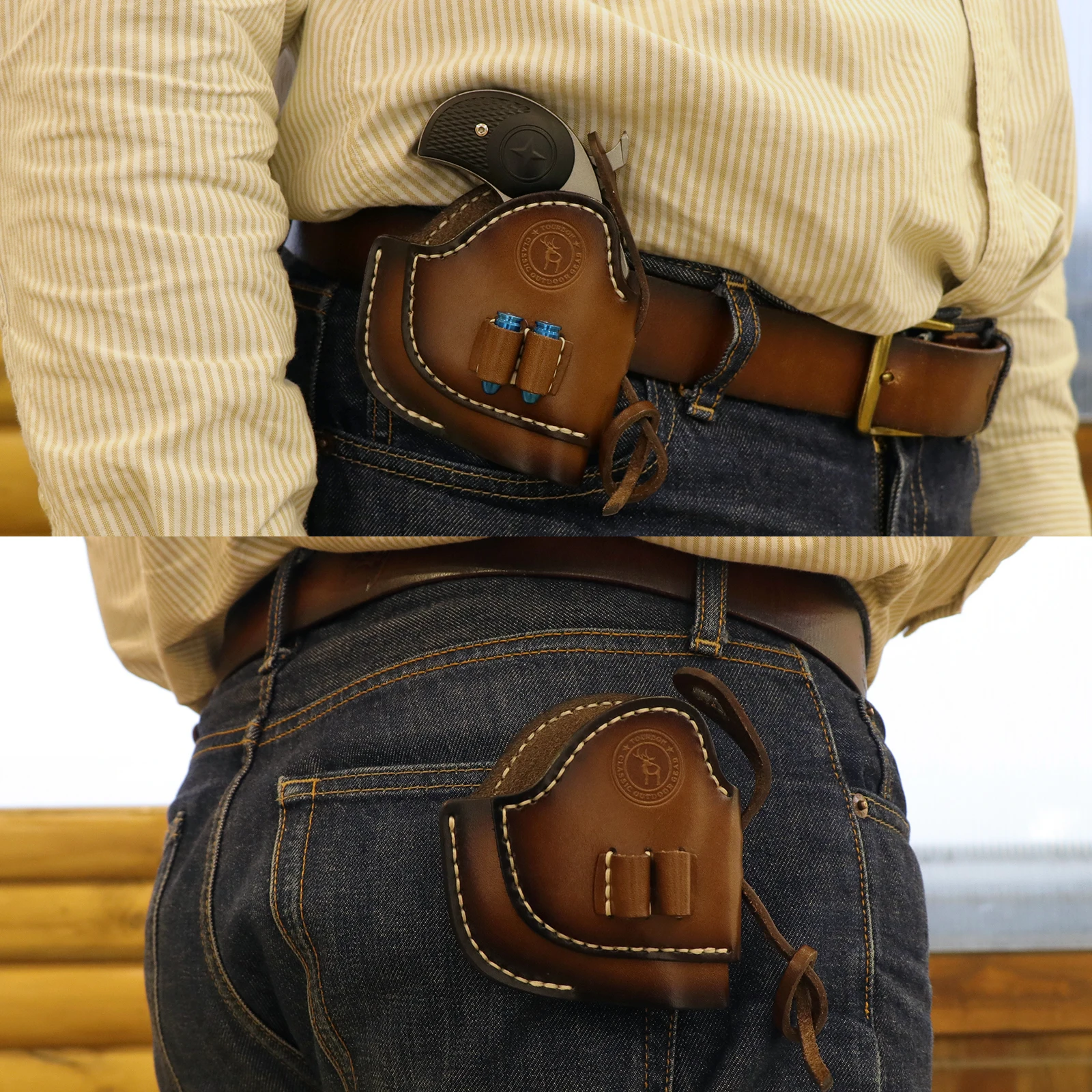 Tourbon funda pistola de cuero marrón con clip y porta cartuchos - imagen 5