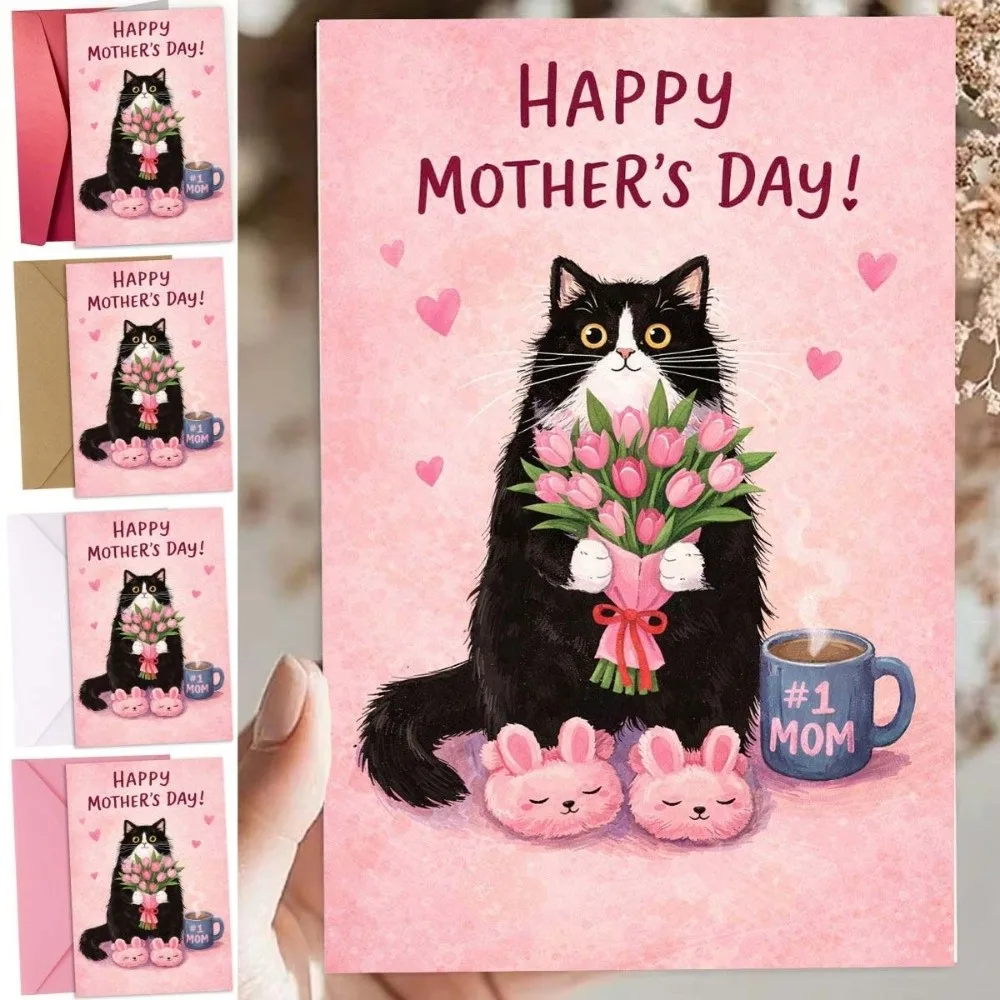 Cats Holding Pink Tulips Mother's Day Greeting Card with the Words Novelty Happy Birthday Card Surprise Blessing Message