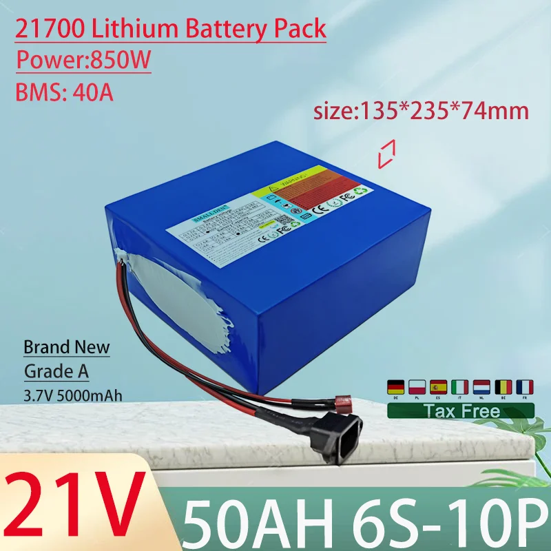 21V 50Ah 21700 6S10P Lithium Ion Battery Pack 850W Power Tool Batteries Outdoor Backup Batteries With 40A BMS+25.2V 5A charger