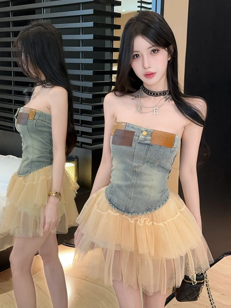 

Retro Spicy Girl Denim Tube Top And Mesh Skirt Two-Piece Set Sexy Studeny Cake Skirt Half-length Breathable And Comfortable
