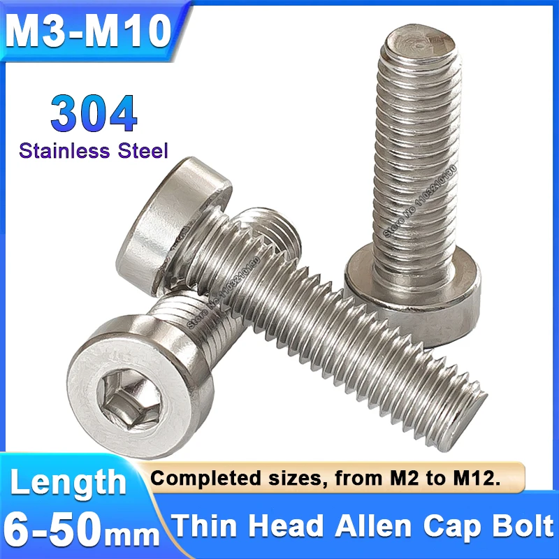 

M3 M4 M5 M6 M8 M10 to M12 304 Stainless Steel Hex Hexagon Socket Thin Low Short Profile Head Allen Cap Bolt Screws L=6-50mm